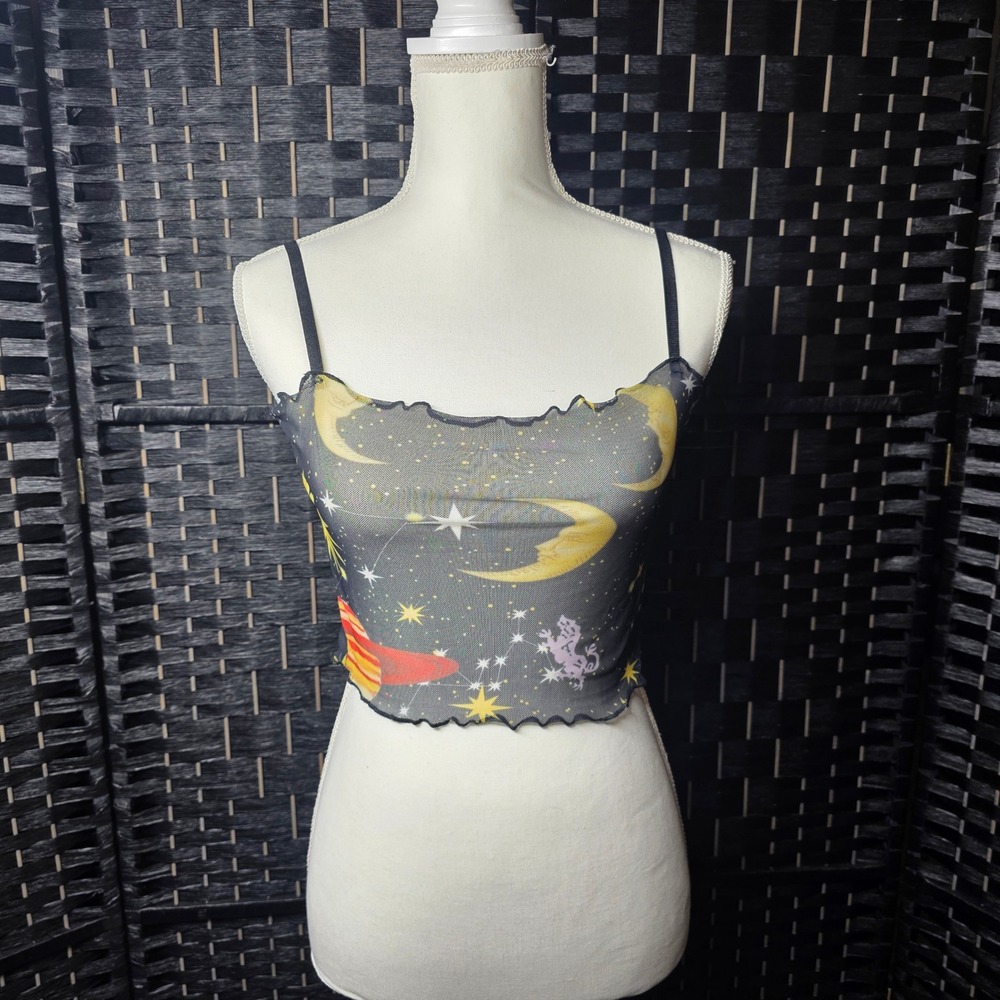Celestial Mesh Crop Top Sun Moon Planet Print Sheer Cami Size M
